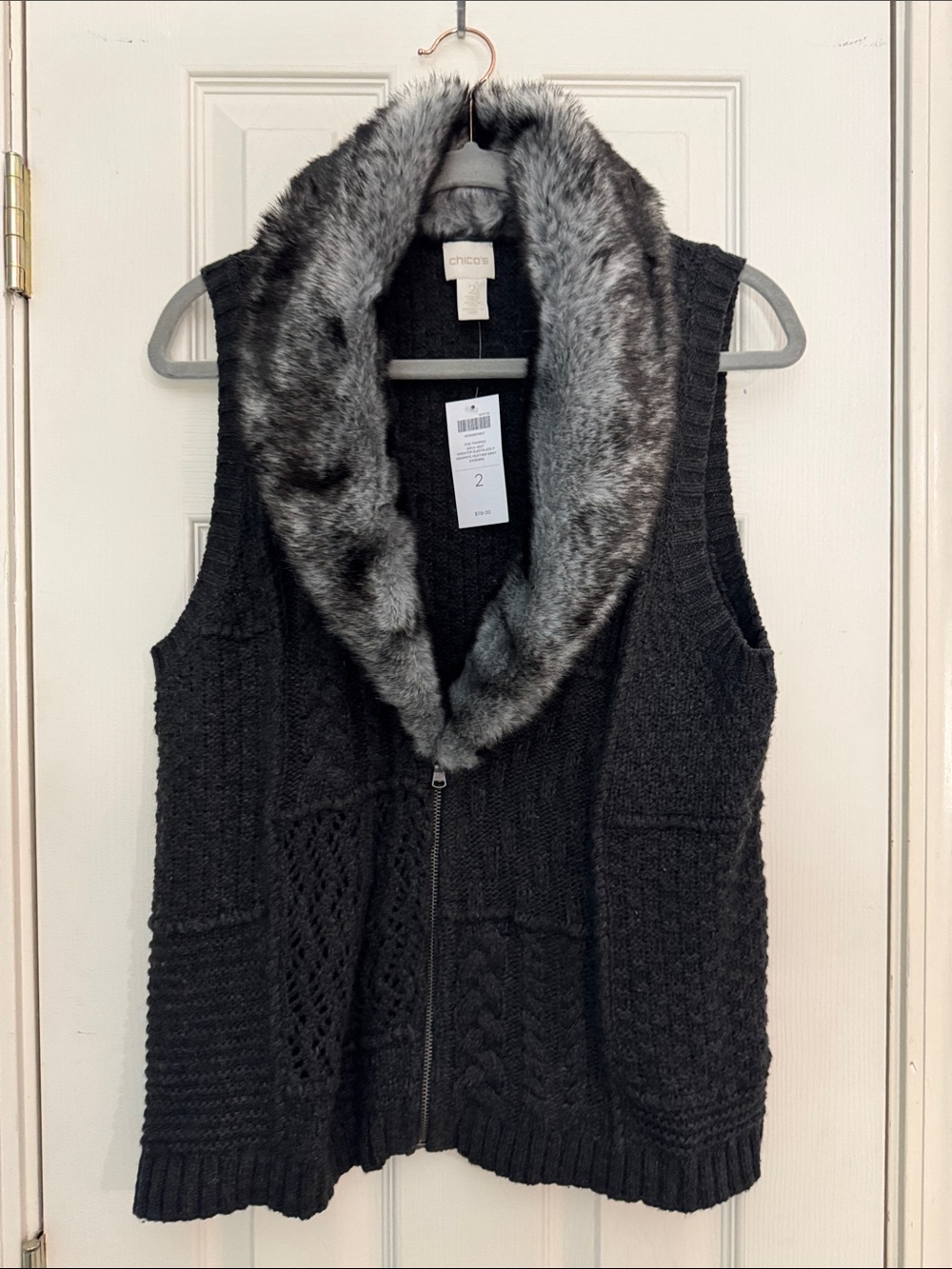 Chico's Black Knit Vest with Gray Faux Fur Collar Trim